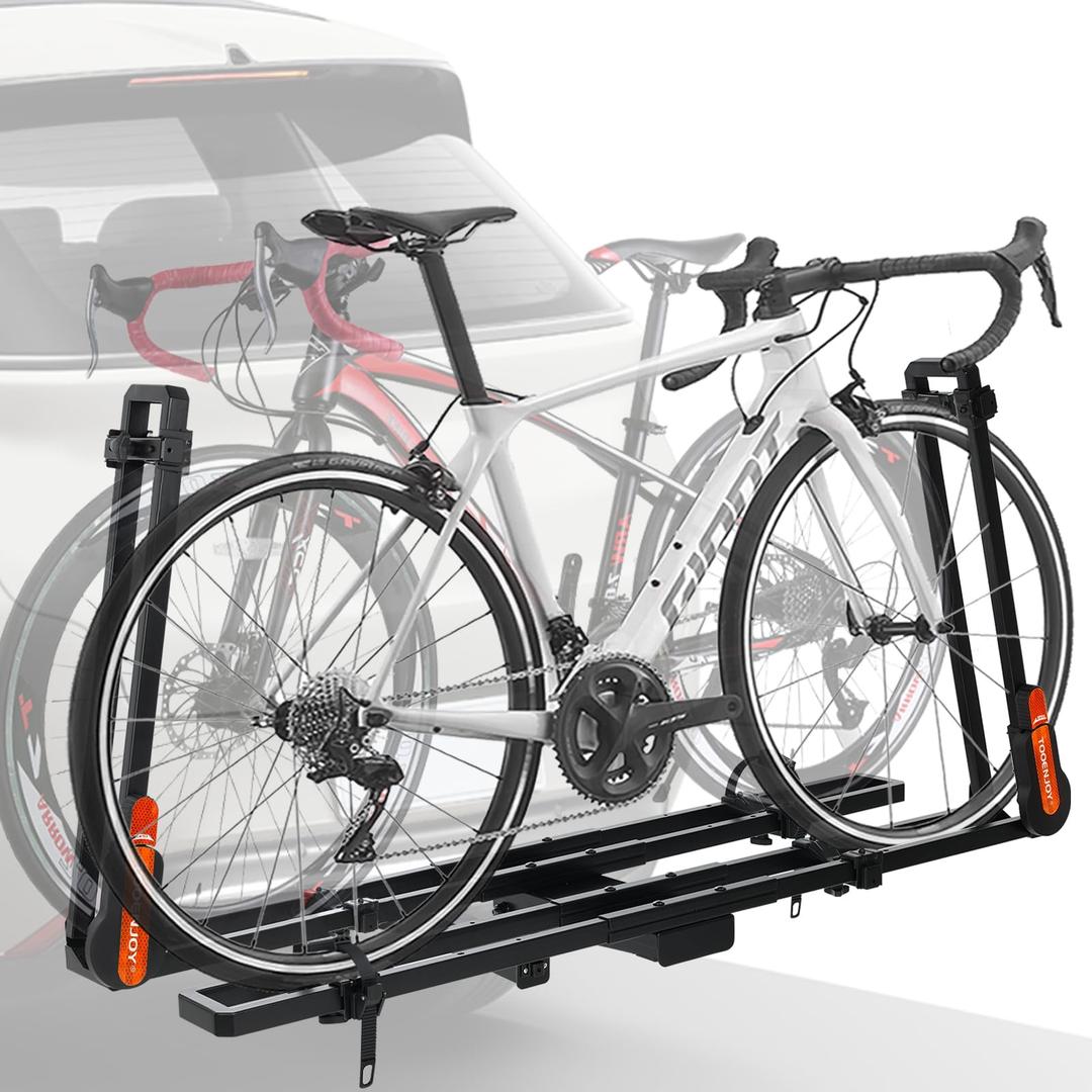 TOOENJOY Folding Hitch Bike Rack, Heavy Duty Bicycle Carrier Platform with Single Arm and Tier Strap, Fits 2" Hitch Receiver for SUV Pickup Truck, 2-Bike Capacity