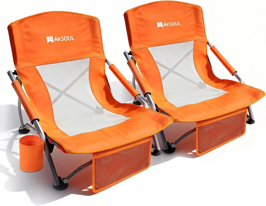 AKSOUL Folding Beach Chair for Adults: Low/High Back Chairs with Carry Bag - Extra Wide Seat Chair with Comfortable Pillow & Storage Pocket (1 Pack & 2 Pack, Blue), 23"*23"*24"