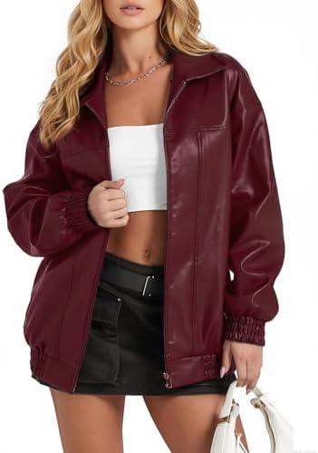 GraceSelect Women's Oversized Leather Jacket, Casual Soft Faux Leather Zip Motorcycle Coat With Pocket 2025 Fall Fashion Wine Red XL