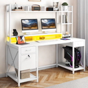 DWVO Computer Desk with Drawers & Hutch, 59.1" Office Desk with Power Outlets & LED Lights, Home Office Desk with Storage Shelves, White