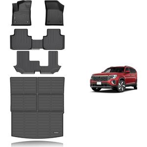 KELCSEECS Floor Mats & Cargo Liner Custom for Volkswagen Atlas 2025 2024-2018 (7 Passenger Bench) All Weather Protection Anti-Slip TPE Floor Liners Full Set Volkswagen Atlas Accessories Black