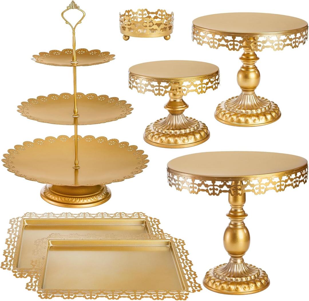 Hacaroa Set of 7 Gold Cake Stand, Metal Dessert Table Display Set Tiered Cupcake Holder, Decorative Candy Fruit Tower Plate Dessert Serving Tray Platter for Wedding, Birthday Party, Baby Shower