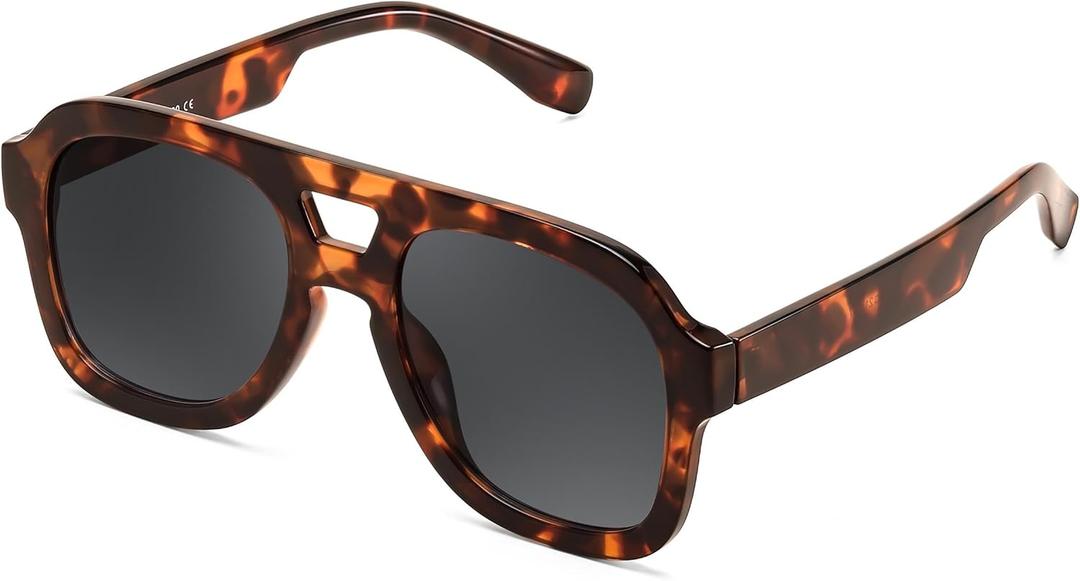 FEISEDY Vintage Aviator Sunglasses Double Bridge Women Men Large Square Thick Frame Trendy Eyewear UV400 B2846 (Brown Tortoise Frame & Grey Lens)