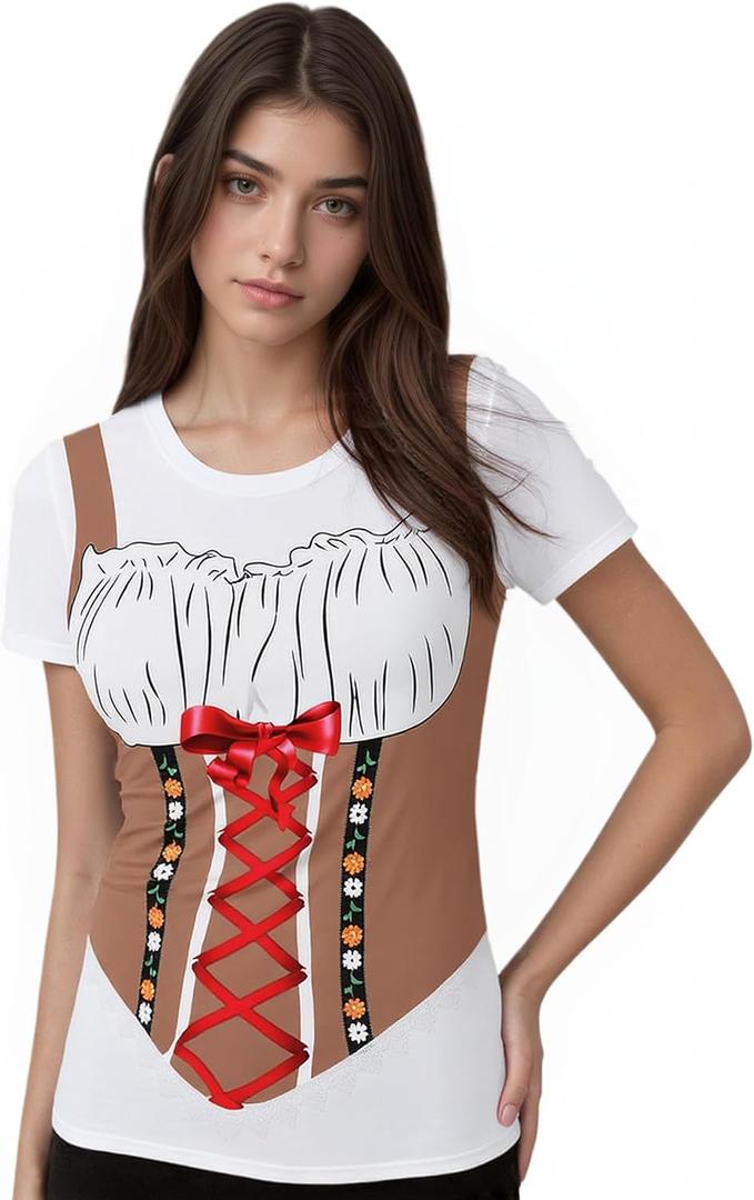 Oktoberfest T-Shirts for Womens Bavarian German Lederhosen Costume 3D Novelty Shirt Short Sleeve Festival Outfit (White, XXL)