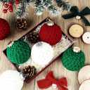 12 Pcs 3.15" Crochet Christmas Ball Ornaments Set with Wooden Chips and Ribbons Classic Red Green White Knitted Hanging Balls for Neutral Rustic Farmhouse Christmas Tree Holiday Xmas Decoration
