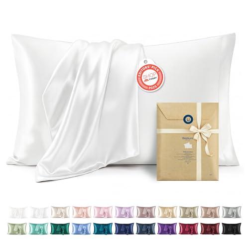 Bedsure Satin Pillowcases, Similar to Silk Pillow Cases Queen Size Set of 2, Pure White Cooling Pillow Case for Sleeping Women with Envelope Closure, Gifts for Women Men, 20x30 Inches, 2pcs