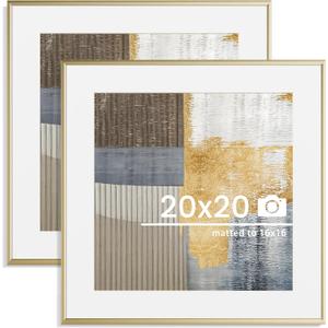 20x20 inch Metal Picture Frame - Thin Aluminum Square Photo Frames with 16x16 Removable Mat - High Definition Plexiglass - Vertical and Horizontal Display - Wall Hook Hanging Hardware Included - Gold, Set of 2 (20x20in, 2Pack)