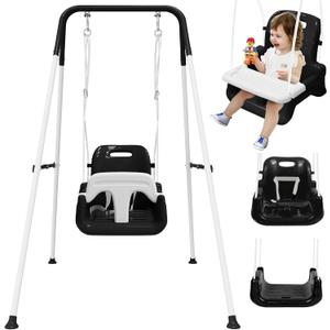 Upgraded Toddler Swing with Tray, Baby Swing Outdoor with Detachable Design, Safety Belt, Foldable Frame for Outdoor & Indoor Use (Black)