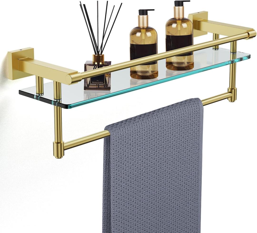 Bathroom Glass Shelf with Towel Rack Organizer Wall-Mounted Bathroom Storage SUS304 Stainless Steel Track Wall-Mounted Tempered Glass Stainless Steel Shelf (Brushed Gold, 20-inch), 20-inch with Railing