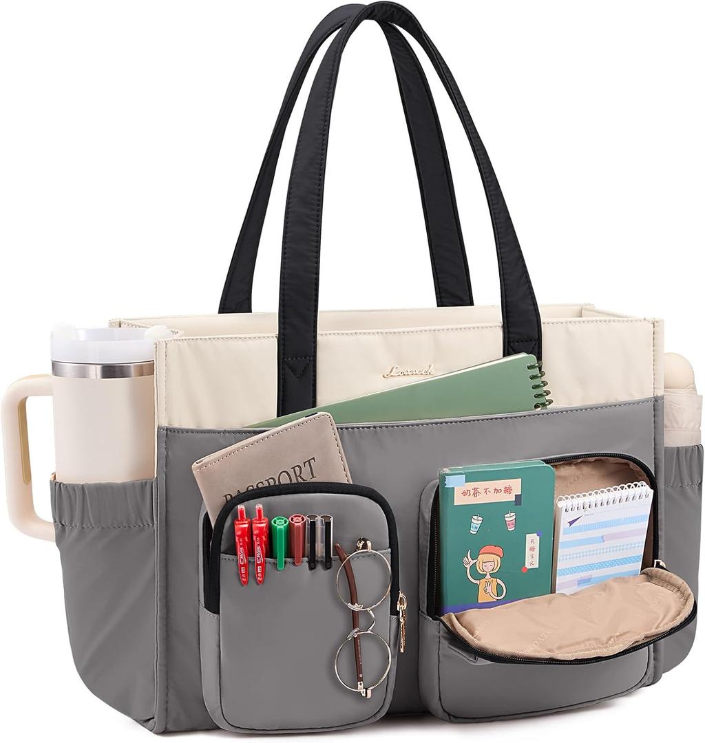 LOVEVOOK Teacher Tote Bag for Women,Multi-pocket Laptop Bag with Large Cup Holder,Nurse Bags Work Travel Computer Handbag, Gray