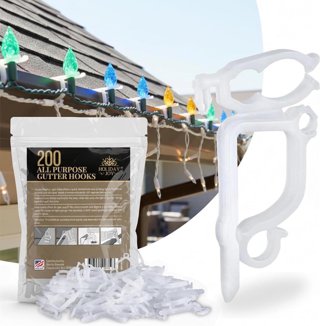 Holiday Joy 200 PCS of All Purpose Gutter Hooks for Outdoor String Lights - Quick & Easy Installation Christmas Lights Clips for Shingles & Gutters - Patent Design String Light Hooks - Made in USA