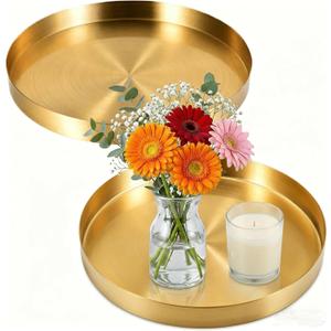 Jucoan 2 Pack 8 Inch Round Gold Tray, Decorative Small Round Vanity Tray, Circle Brass Gold Tray, Bathroom Storage Organizer Tray for Perfume Jewelry Food Coffee Tea Candle