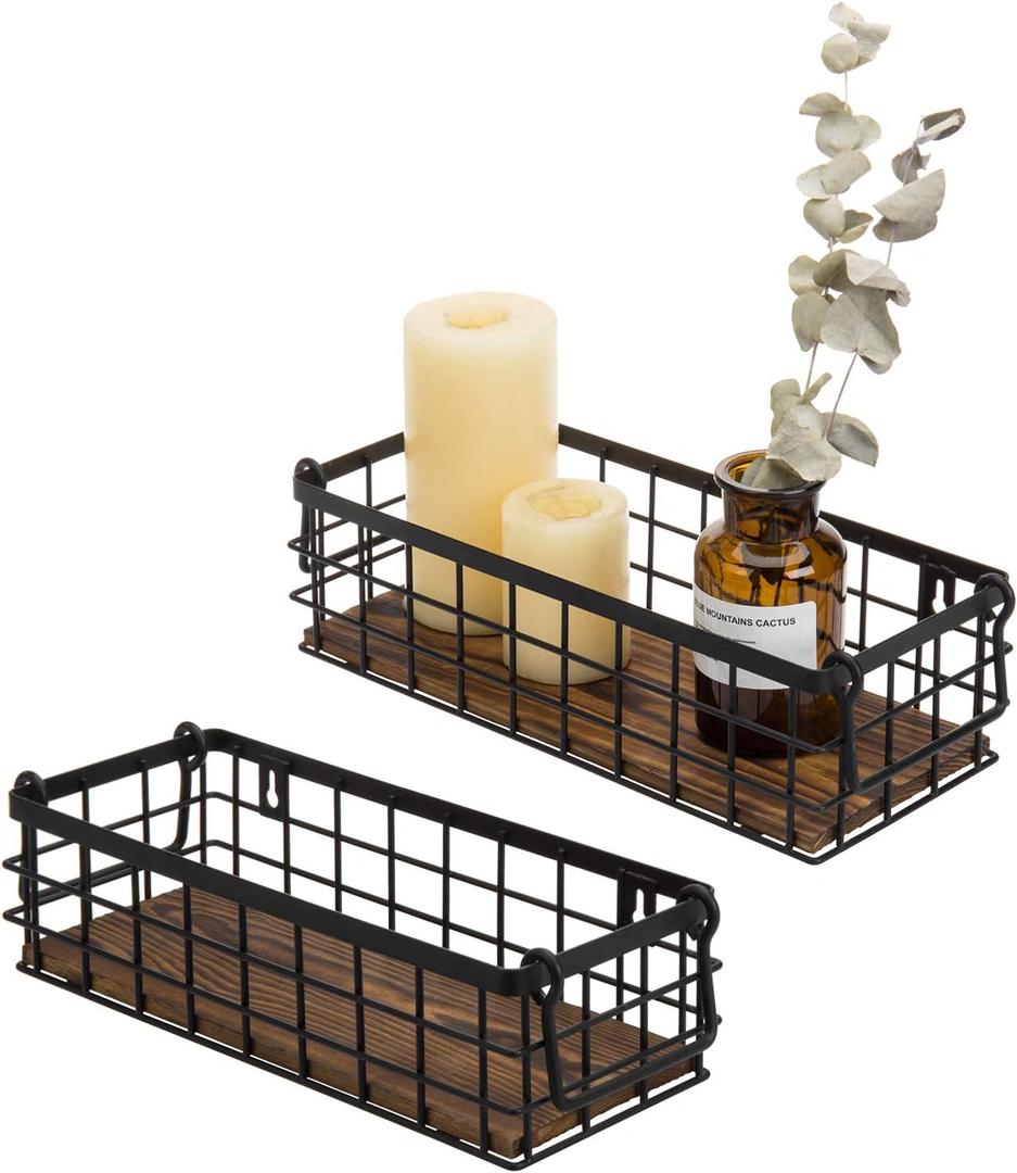MyGift Wall Mounted or Tabletop Rustic Black Metal Wire and Burnt Wood Small Decorative Storage Baskets with Handles, Set of 2