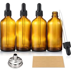 AOZITA 4 Pack, 4 oz Dropper Bottles with 1 Funnel & 4 Labels - Essential Oils Bottles for Health, Personal Care & Beauty - 120ml Thick Dark Amber Glass Tincture Bottles with Eye Droppers, Leakproof