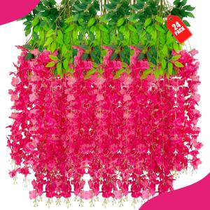 24 Pack Fuchsia Wisteria Hanging Flowers, 3.77 Ft Fake Hanging Flowers, Artificial Wisteria Garland Vines for Wedding Room Backdrop Outdoor Patio Garden Decoration