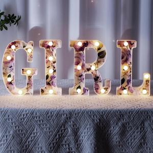 Realspring Girl Letters Sign Baby Marquee Light up Letters LED Flower Baby Shower Table Centerpieces Decor for Gender Reveal Birthday Party, 8.26''(Purple,Rose)