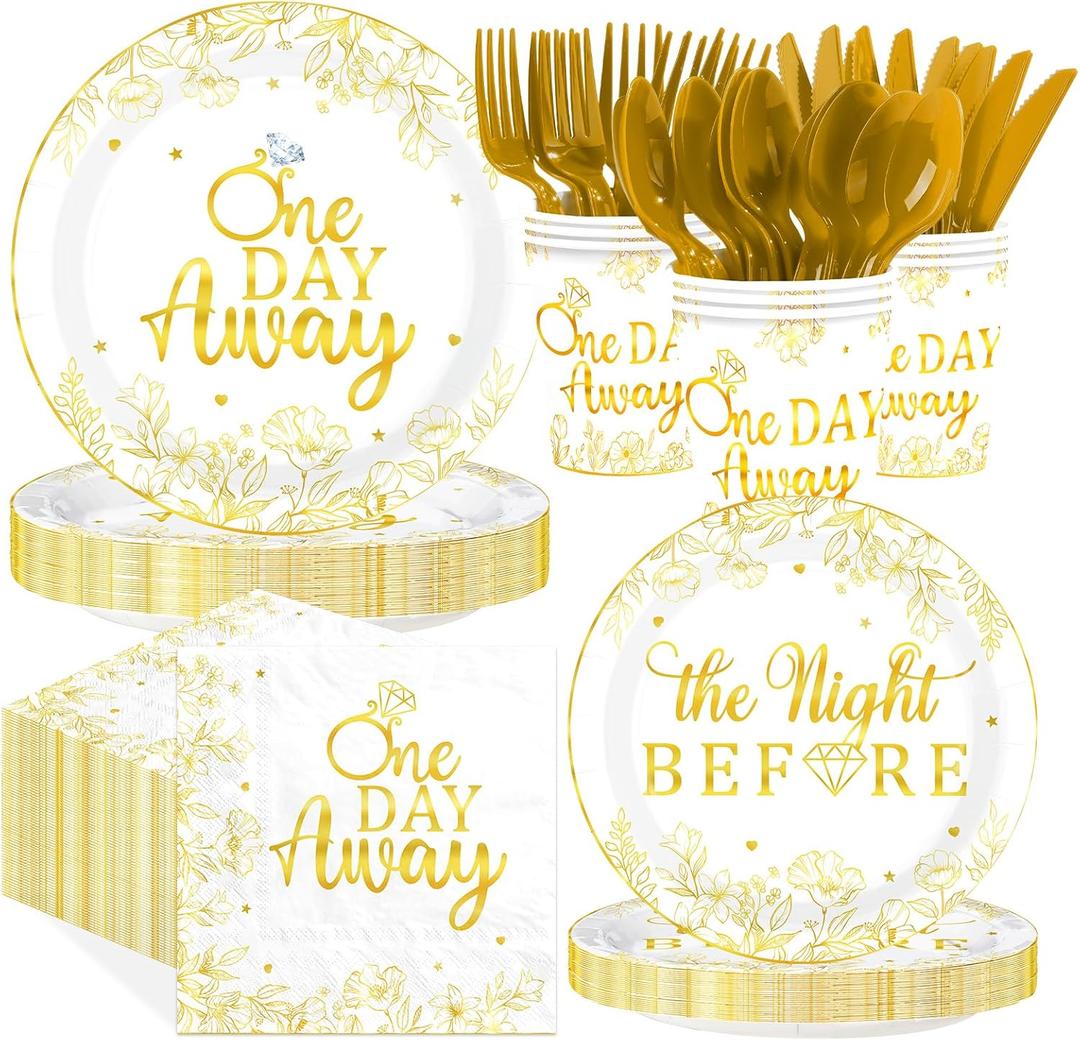 168 Pcs One Day Away Rehearsal Dinner Decorations The Night Before Wedding Plates Napkins Cups Forks Knives Spoons White Gold Diamond Ring Tableware Set for Wedding Rehearsal Party Supplies Serves 24