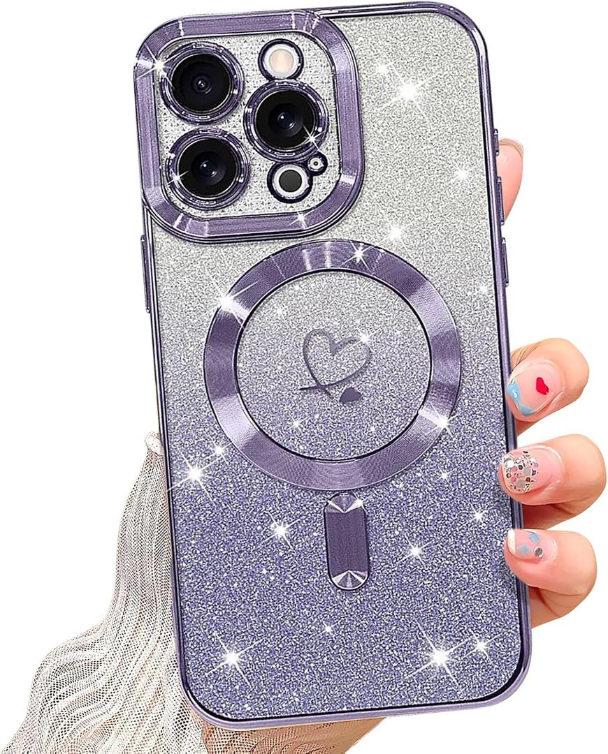 NITITOP Compatible with iPhone 16 Pro Case Cute Clear Glitter [Compatible for MagSafe] Plating Heart Sparkle Bling Magnetic Girl Women Electroplated Frame Camera Protection Back Cover - Purple