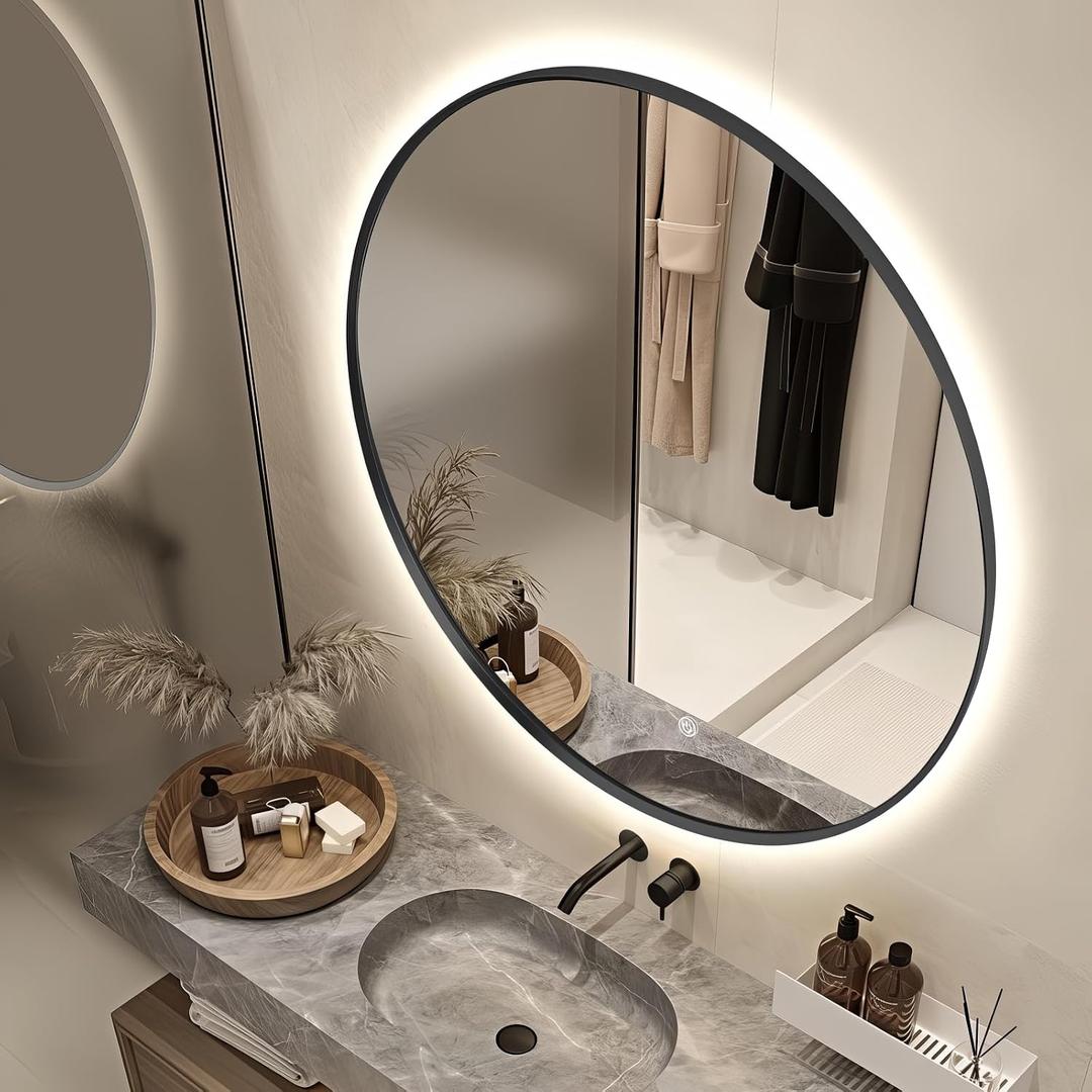 36" Round LED Bathroom Mirror, Wall Mounted Backlit Vanity Mirror with 45° Beveled Frame Lighted Mirror for Bedroom, Fog Free 3-Color Dimmable Lights Memory Function, Black