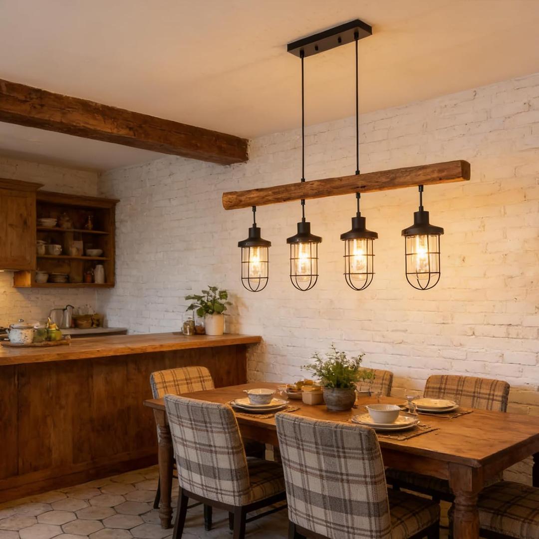 4-Light Farmhouse Kitchen Island Lighting, Dining Room Light fixtures Over Table, Chandeliers for Dining Room Over Island, Wood Vintage Ceiling Chandelier for Living Room