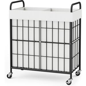 2 Section Laundry Hamper with Wheels and Brake, 100L Laundry Sorter Cart with 2 Removable Liner Bags, Metal Handle, Rolling Laundry Basket for Bedroom Laundry Room