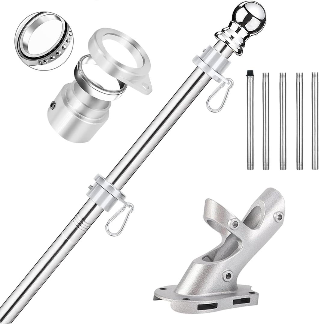 No Tangle Flag Pole Kit, 6ft Flag Pole for Outside House, Stainless Steel 1" Flagpole with Tangle Free Aluminum Flag Rings and Holder Mounting Bracket, 1 inch Flag Poles for 3x5 Flags Outdoor, 6 ft