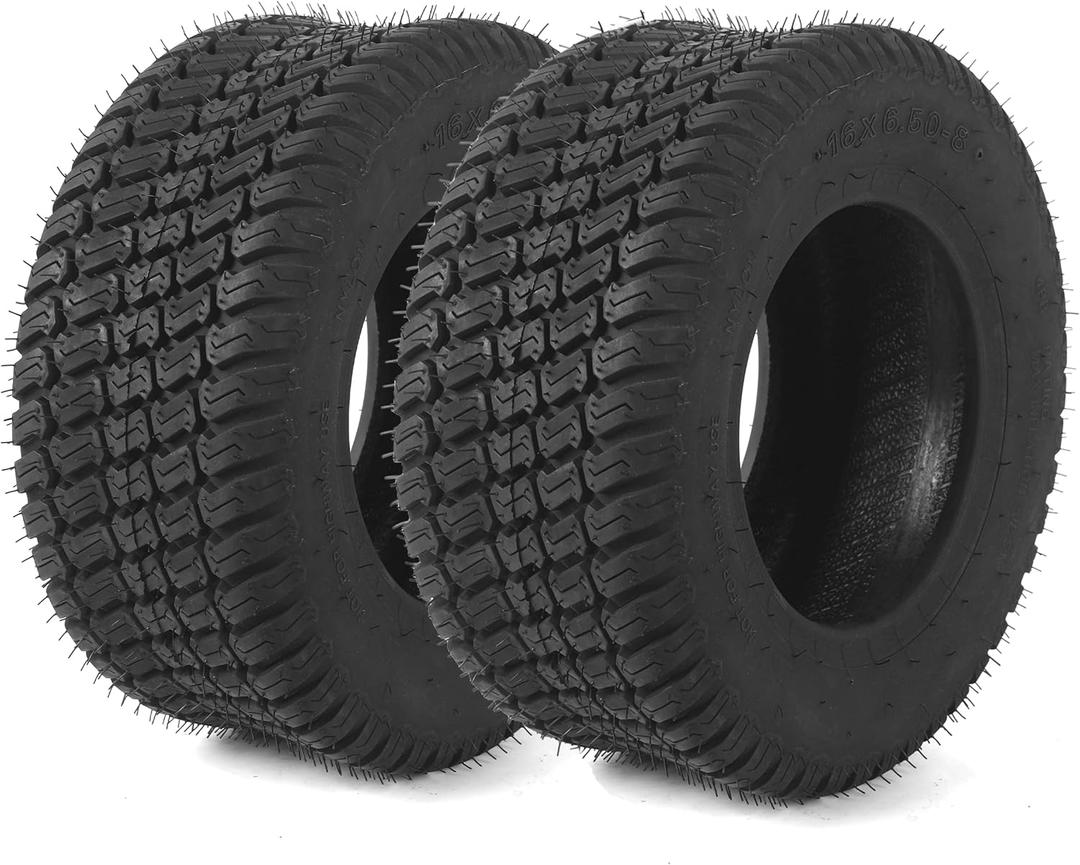 (2-Pack) 16x6.50-8 Tires - 4PR Durable Tubeless, Replacement Lawn Tractor Tires with Deep Ribbed Treads, Rim Not Included