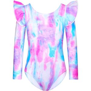 Long Sleeve Leotards for Girls with Ruffle 4D Stretch Ballet Dance Gymnastics Tumbling Wear Size 3-10T (Pink Blue Scrawl)