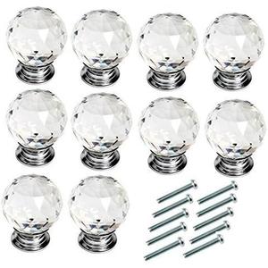 10Pcs 40mm Diamond Cut Clear Crystal Glass Kitchen Drawer Door Knob Cupboard Pull Handle Hardware for Bedroom Furniture, Bedside Cabinet, Dresser Unit and Chest