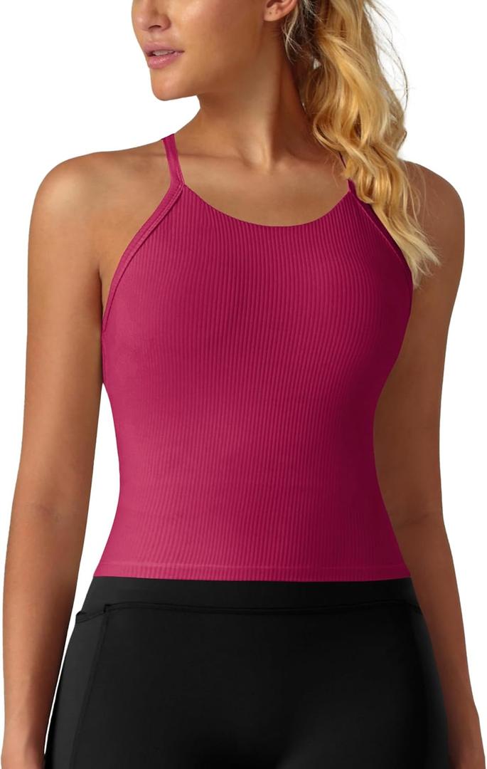 Womens Crop Tank Tops Seamless Yoga Sports Bra Padded Workout Halter Neck Camisole with Built in Bra (Pink, M)