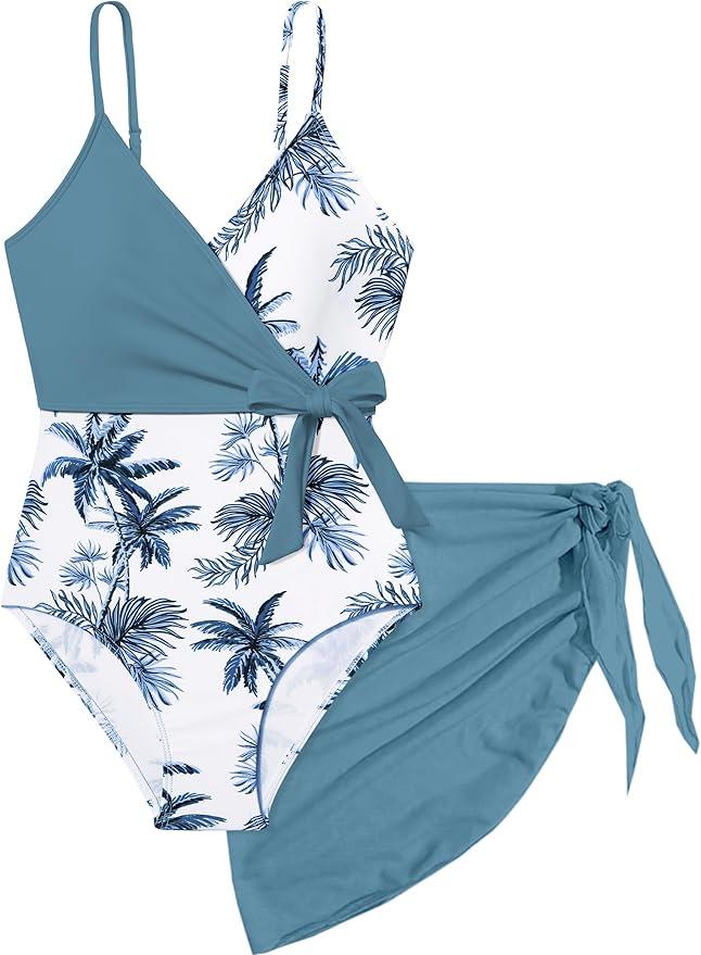 Girls Swimsuit One Piece Bathing Suit Tropical Floral with Adjustable Straps Girls'Swimwear with Cover Up 15-16T