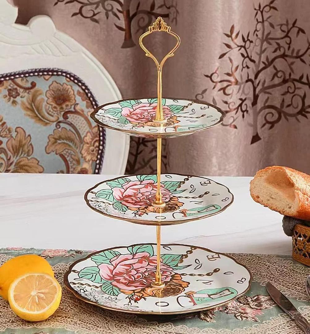 3 Tier Ceramic Vintage Cake Stand with Beautiful Classic Rose Pattern, Food Rack for Displaying Cake Platter (red Rose)