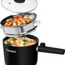 Topwit Hot Pot Electric with Steamer, 1.5L Ramen Cooker, Non-Stick Saut Pan, Portable Cooking Pot, Electric Cooker with Dual Power Control, BPA Free, Over-Heating & Boil Dry Protection, Black (1.6 Quarts)