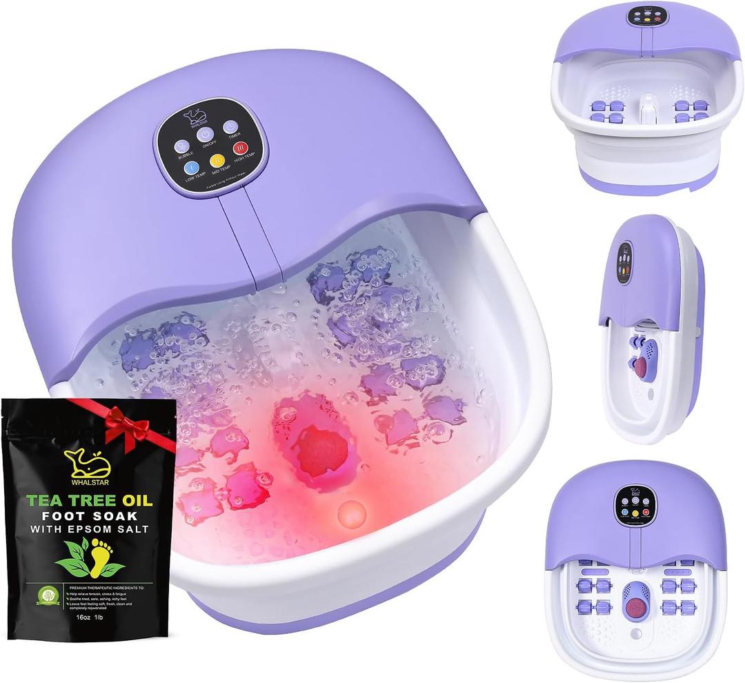 Collapsible Foot Spa Bath Massager with Heat Bubbles and Vibration Massage and Jets, 16OZ Tea Tree Oil Foot Soak Epsom Salt, WHALSTAR Foot Bath Bucket With Red Light & Remote (Purple)