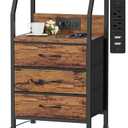 Furnulem Night Stand with Charging Station, USB Ports and Outlets, 28.3 Inch Tall Bedside Table with Wood Shelf, 3 Fabric Drawers Side Table for Bedroom, 3 Ways to Use, Rustic Brown