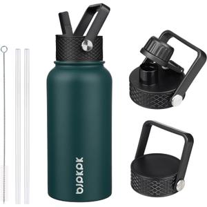 BJPKPK Insulated Water Bottles with Straw Lid, 27oz Stainless Steel Water Bottle with 3 Lids, Leak Proof BPA Free Metal Thermos, Mugs, Tumblers, Keep Cold Hot - Army Green