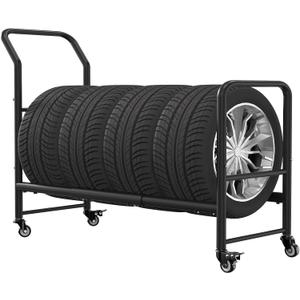 Rolling Tire Rack, 2 in 1 Metal Tire Storage and Transport Trailer, 43.3x34x13.7 Inch Heavy Duty Tire Stand, Mobile Tire Storage Rack Cart with 4 Wheels for Home Garage, Auto Repair Shop, Tire Shop