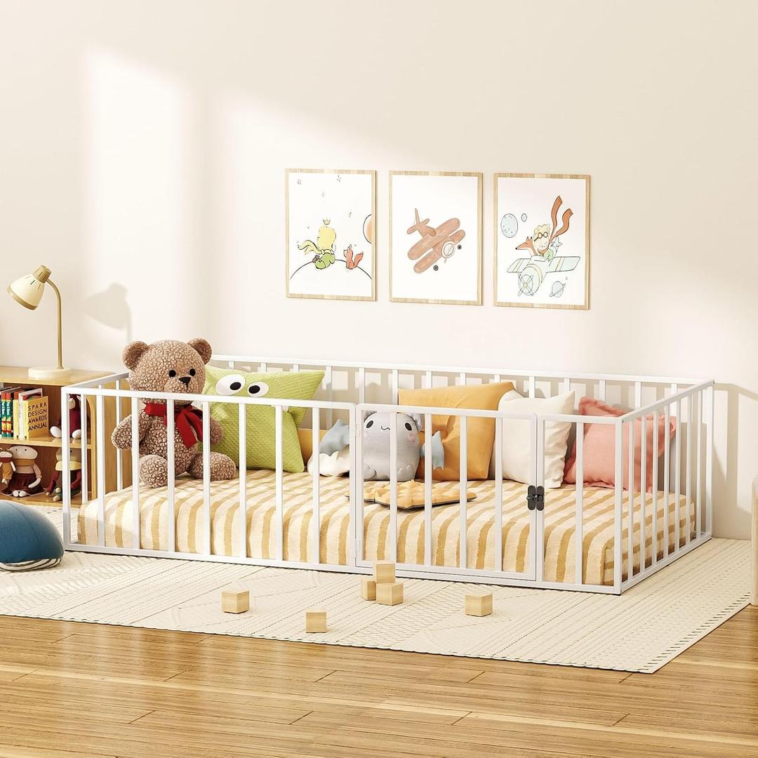 Twin Size Floor Bed Frame, Metal Montessori Platform Bed with Safety Guardrails Fence 774121 Easy Assembly for Bedroom Playroom (White)