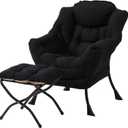 Lazy Chair with Folding Ottoman, Modern Accent Lounge Armchair with Armrests and a Side Pocket & Foldable Footstool, Leisure Reading Chair for Living Room, Bedroom, Dorm & Office, Black