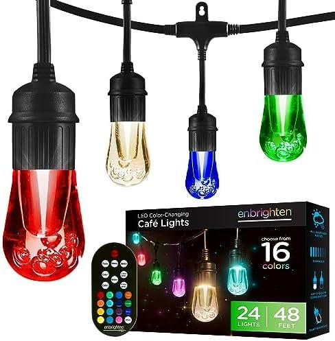 Enbrighten Vintage Outdoor String Lights, 48ft, 24 RGB Acrylic Bulbs, Weatherproof, RF Remote Control, Perfect for Holidays, Gameday, Parties, and More, 37790, Dirty