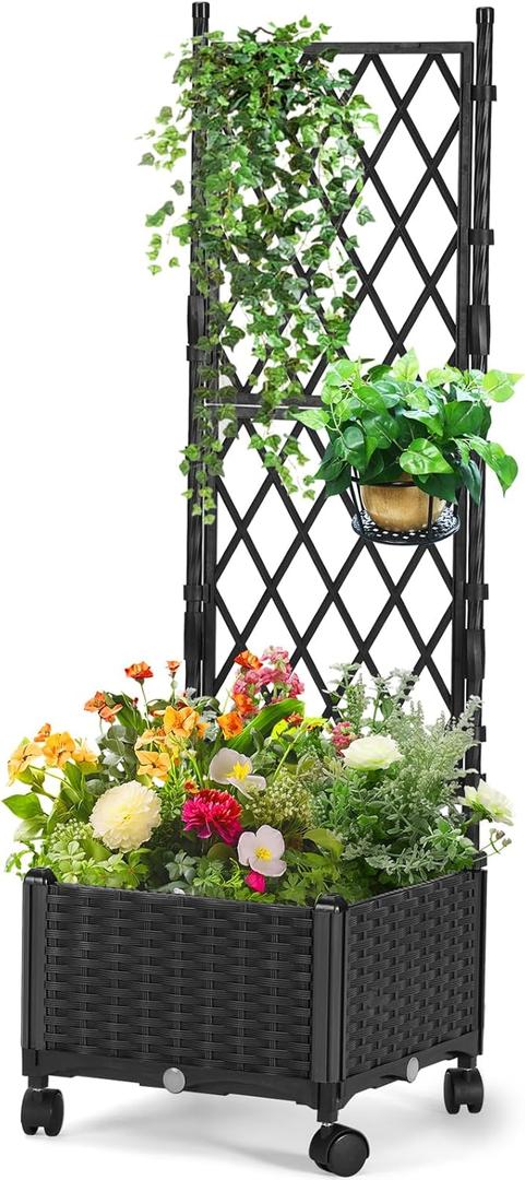 Planter Box with Trellis, 4ft Tall Self-Watering Plastic Raised Garden Beds and Lattice Trellis with Lockable Wheels & Drain Plug for Outdoor Patio Backyard Balcony, Black, 1 Pc