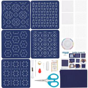 ORIGACH 5 Set Sashiko Coaster Kit, Japanese Traditional Sewing Kit, Handmade Coaster Kit with Thread, Needle, and Five Different Designs on Navy Blue Fabric