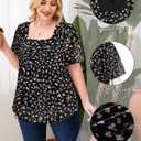 Amrto Plus Size Tops for Women Chiffon Blouses Square Neck Short Sleeve Fall Summer Business Casual Trendy (Black, XXL)