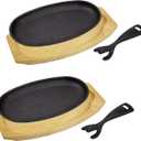 DVK 2 Set Cast Iron Skillet Sizzling Plate With Wooden Base Fajita Skillet With Removable Handle For Home Barbeque Kitchen Service (XL)