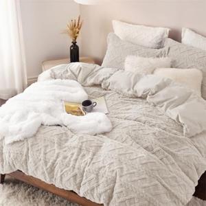 Fluffy Flannel Duvet Cover Set - Faux Fur Comforter Cover Queen Size Warm Plush Bedding for Winter 3-Piece Set with Zipper Closure 90"x90" and 2 Pillow Shams Linen