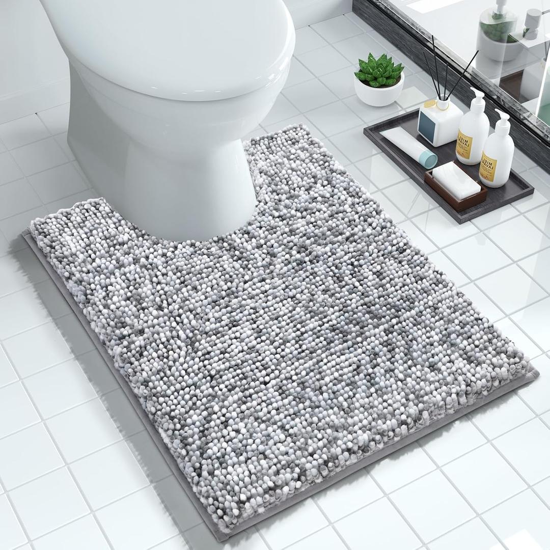 Yimobra Luxury Chenille U-Shaped Toilet Rug, Super Soft Shaggy Contour Bath Mat for Bathroom Floor, Fluffy, Water Absorbent, Non Slip, Machine Washable, Dry Quickly, 24''x 20'', Light Grey & Dark Grey