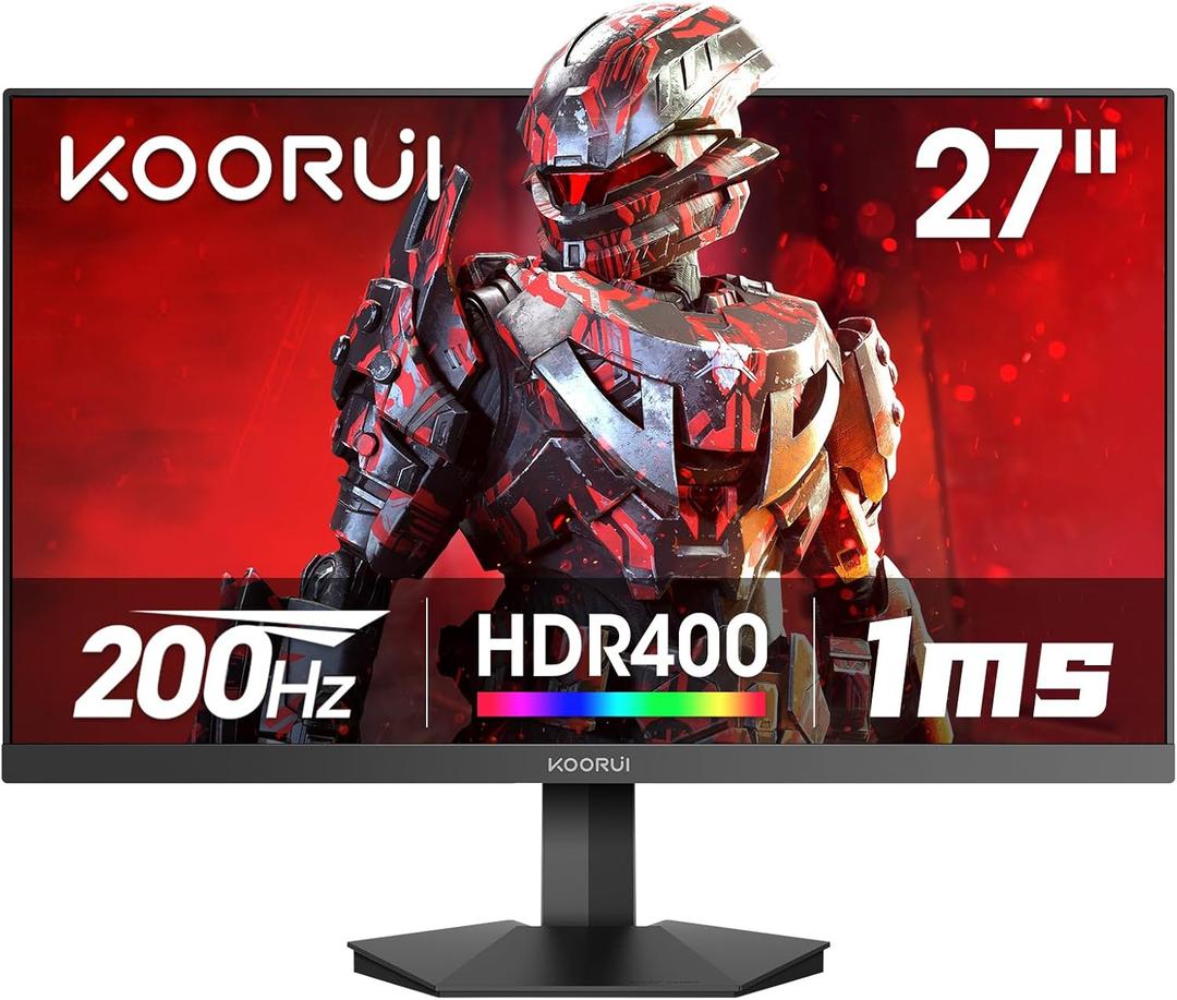 KOORUI Gaming Monitor, 27" 200Hz Fast IPS, FHD HDR400 Display Computer Monitor, 1ms PC Screen, 90% DCI-P3, Adaptive Sync, 75x75 mm VESA Mountable, Tilt Adjustable, HDMI 2.0, DP 1.4