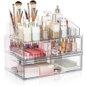 Clear Stackable Makeup Organizer with Drawer, 12''W Acrylic Storage Drawers, Cosmetic Display Case for Vanity Bathroom Countertop, Beauty Holder for Lipstick Brush Skincare Perfume