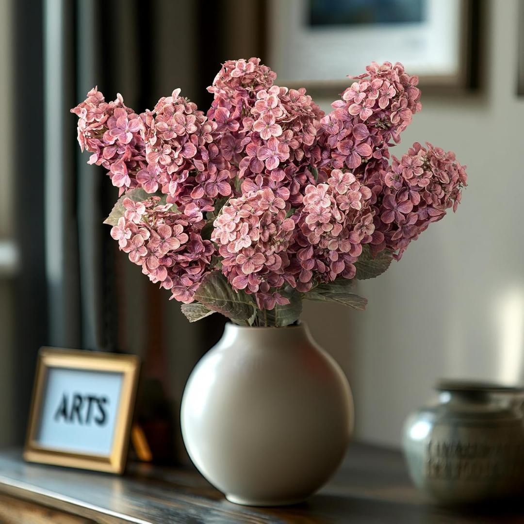 Burgundy Hydrangea Artificial Flowers,Fall Hydrangeas Artificial Flowers, Fake Fall Dried Hydrangea Decoration,Faux Silk Flower with Stems Winter Decor(Red Rose 24" 8pcs) Without Vase