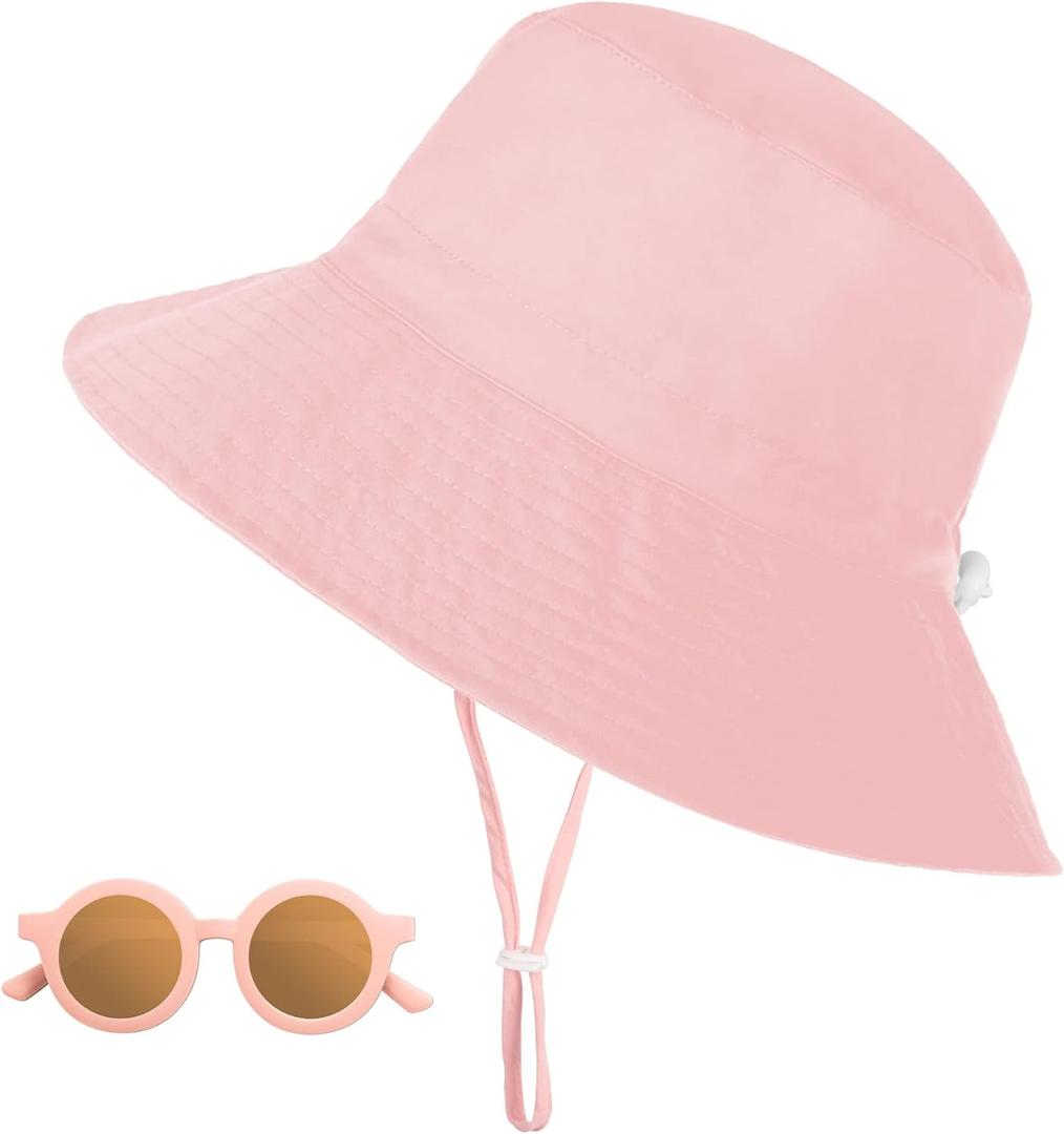 Baby Sun Hat with Sunglasses, UPF 50+ Wide Brim Kids Bucket Hat with Neck Protection, Adjustable Beach Hats for Boys & Girls (Pink)